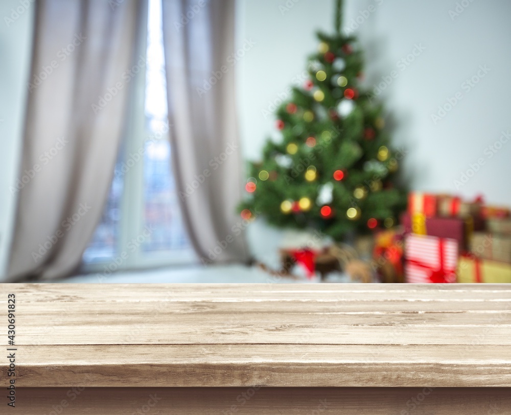 Wooden empty table top on blur christmas background