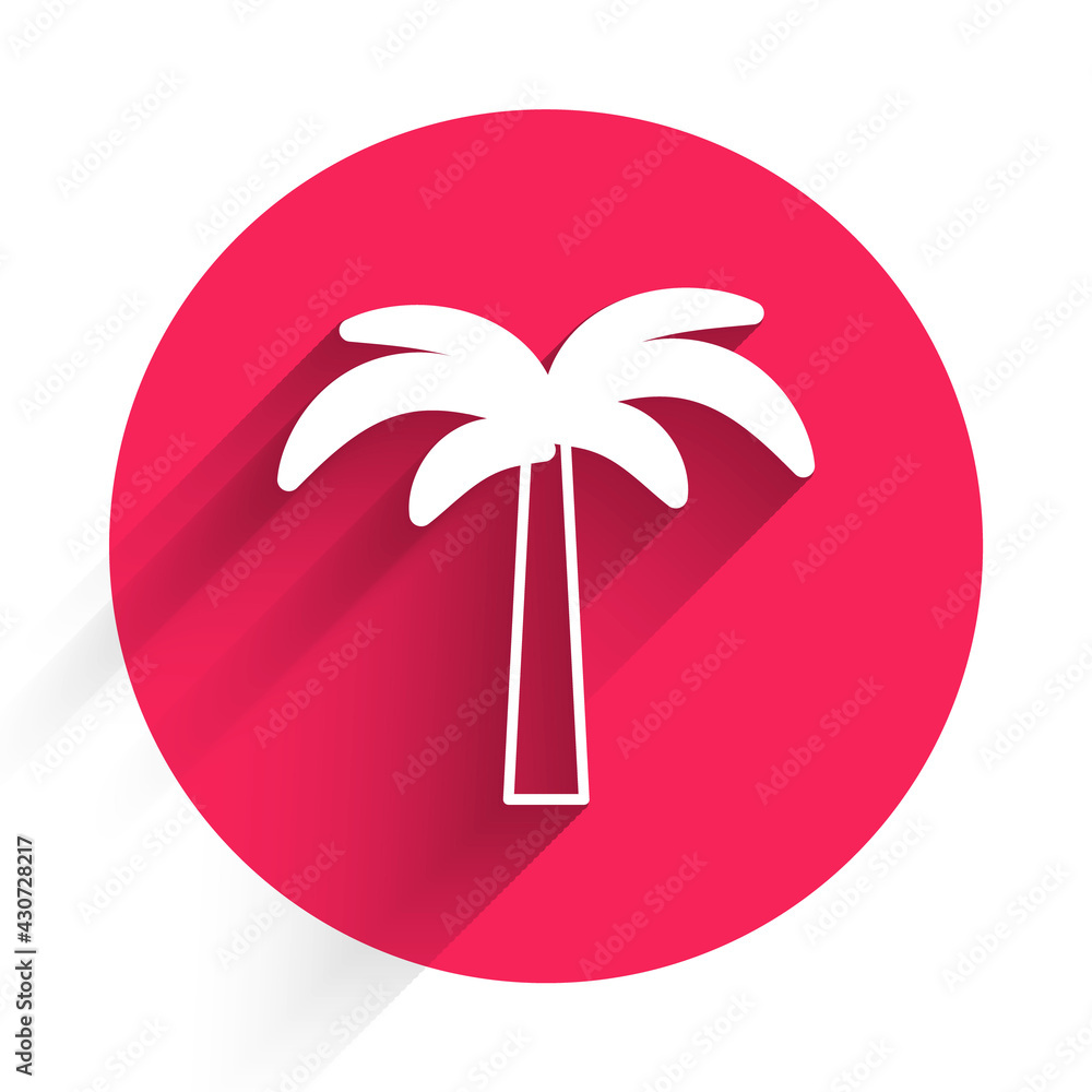 白色热带棕榈树图标，与长阴影隔离。椰子棕榈树。红色圆圈按钮。Vecto