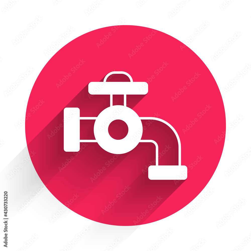 White Water tap icon isolated with long shadow. Red circle button. Vector