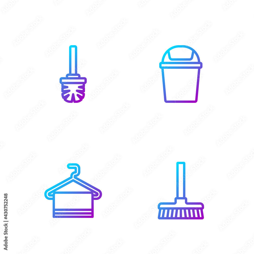 Set line Handle broom, Towel on hanger, Toilet brush and Trash can. Gradient color icons. Vector