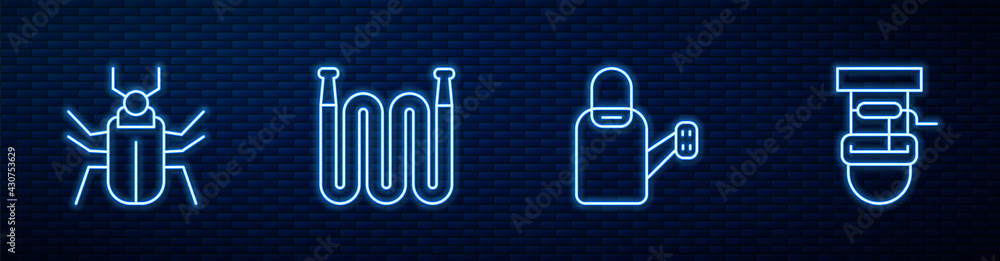 Set line Watering can, Insect fly, Garden hose and Well with bucket. Glowing neon icon on brick wall