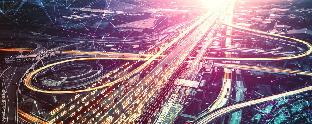 具有数字数据传输图形的未来道路运输技术，展示了交通的概念