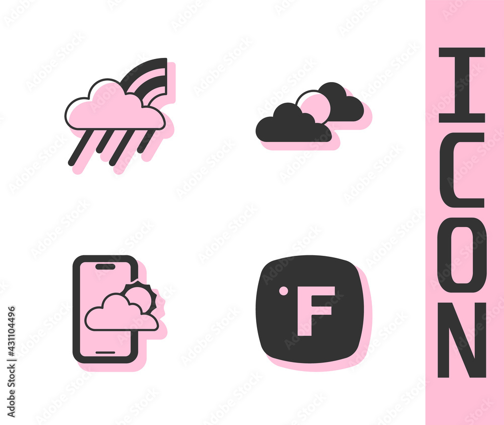 Set Fahrenheit, Rainbow with cloud and rain, Weather forecast and Sun weather icon. Vector