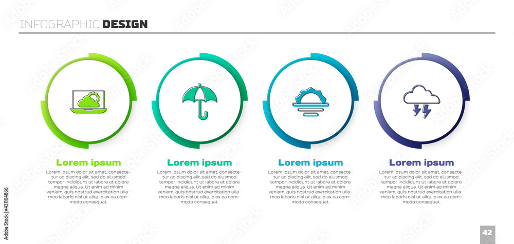 Set Weather forecast, Umbrella, Sunrise and Storm. Business infographic template. Vector