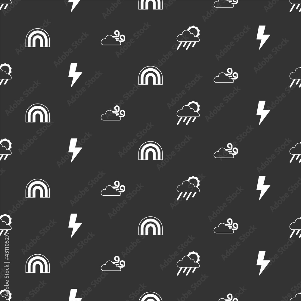 Set Cloud with rain and sun, Lightning bolt, Rainbow and Windy weather on seamless pattern. Vector
