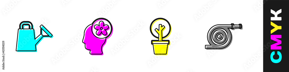 Set Watering can，Human head with flower in，Forest and Garden hose icon.Vector（设置水箱，里面有花的人头，森林和花园软管图标