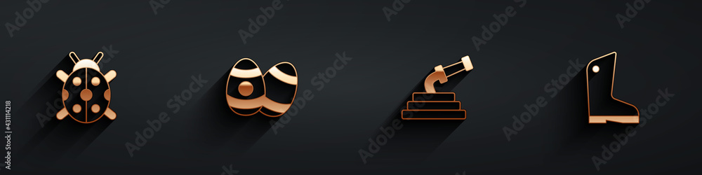 Set Ladybug, Easter egg, Garden hose and Rubber gloves icon with long shadow. Vector
