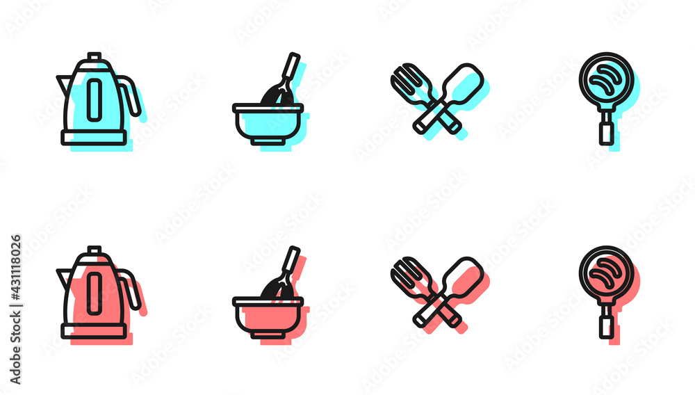 设置线交叉叉和勺子，电热水壶，带碗的厨房搅拌器和煎锅图标。Vecto