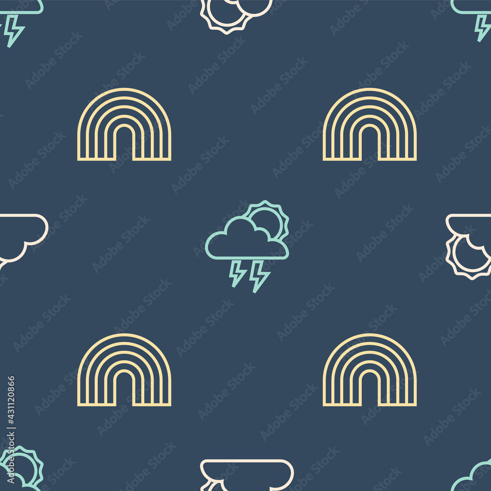 Set line Sun and cloud weather, Rainbow and Storm on seamless pattern. Vector