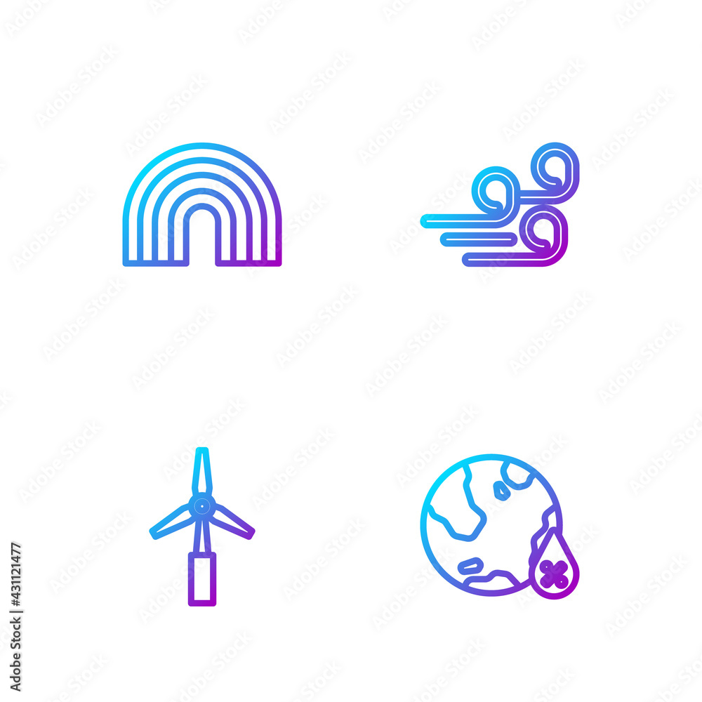 Set line Water drop percentage, Wind turbine, Rainbow and Windy weather. Gradient color icons. Vecto
