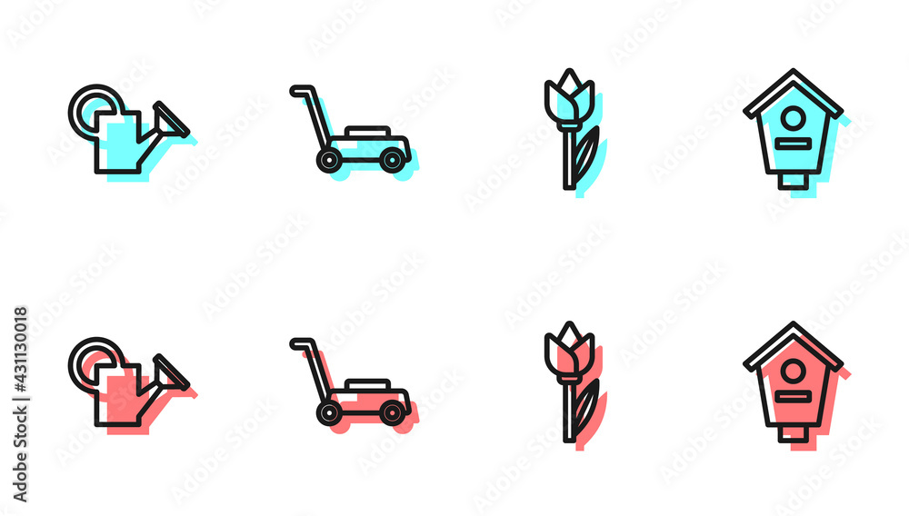 Set line Flower tulip, Watering can, Lawn mower and Bird house icon. Vector