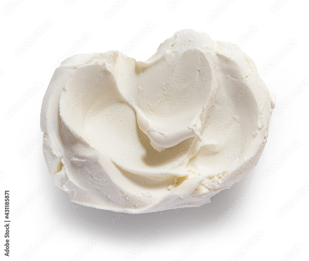 fresh cream cheese isolated on white background, top view