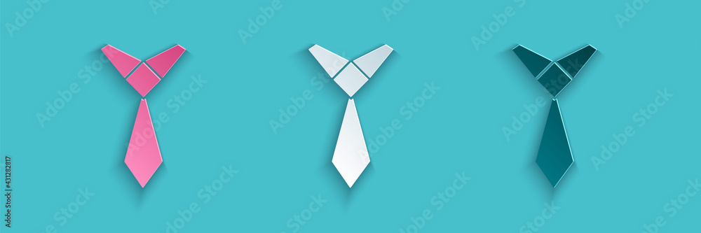 蓝色背景上的剪纸领带图标。领带和颈布符号。纸艺风格。Vecto