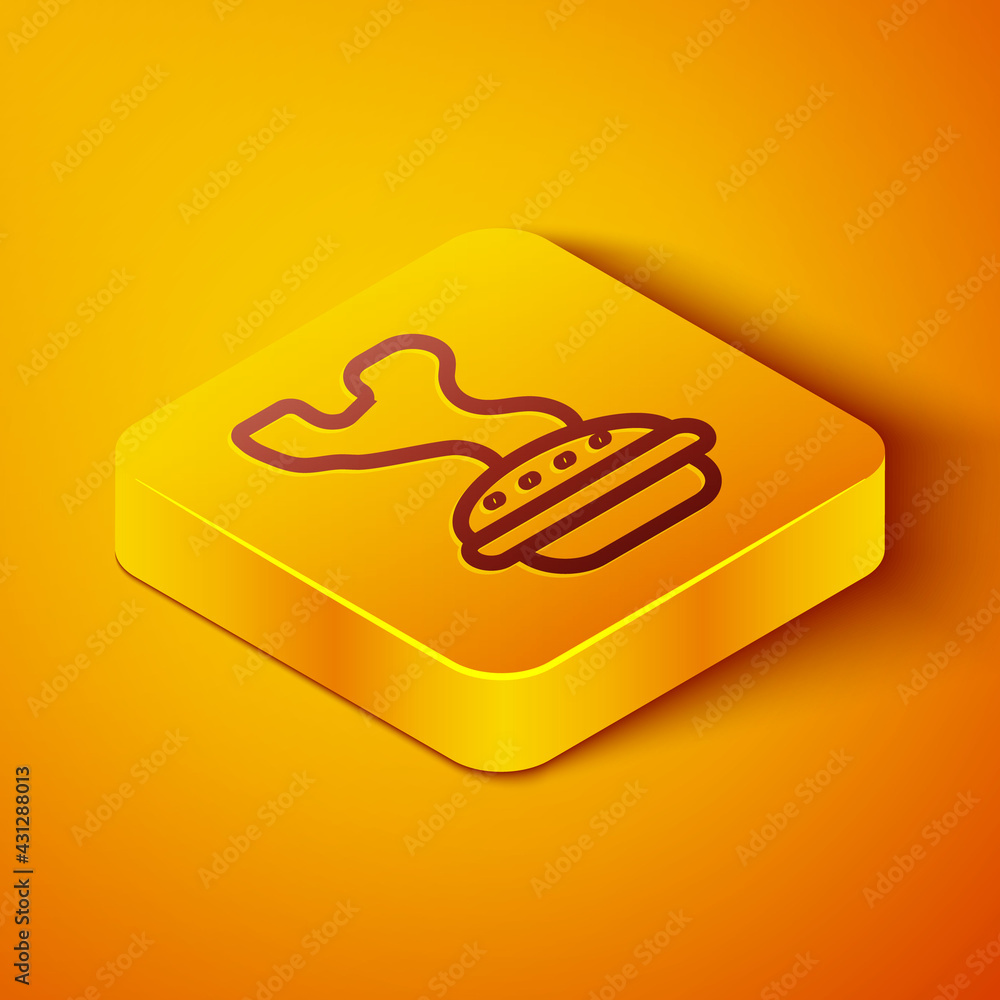 等轴测线自制馅饼图标隔离在橙色背景上。黄色方形按钮。矢量