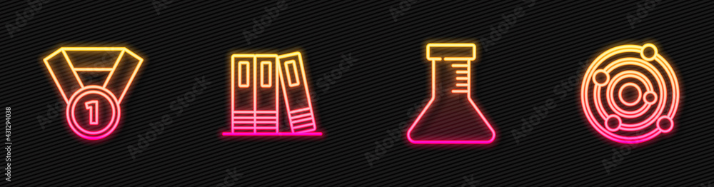 Set line Test tube and flask, Medal, Office folders and Solar system. Glowing neon icon. Vector