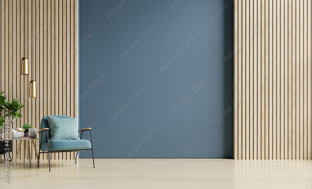 Stylish Modern wooden living room has an armchair on empty dark blue wall background.