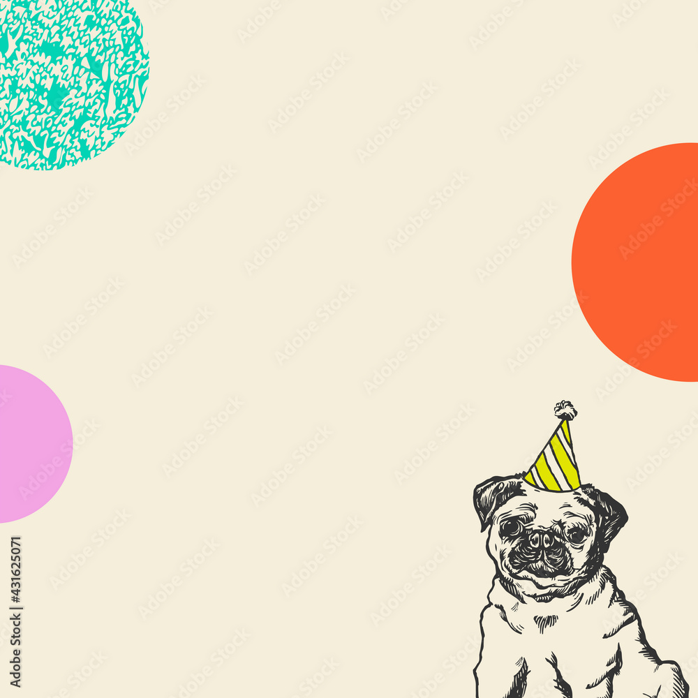 可爱的生日米色背景，戴着派对锥形帽的复古哈巴狗