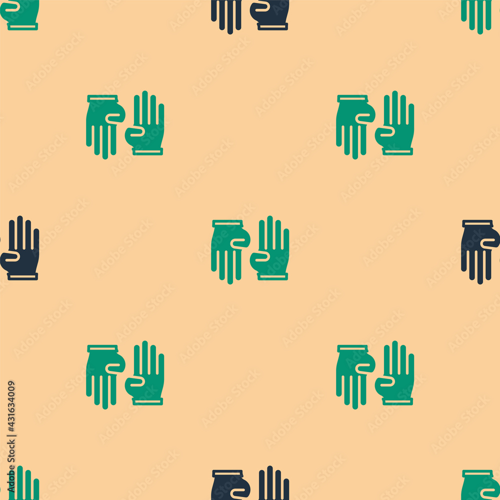 Green and black Rubber gloves icon isolated seamless pattern on beige background. Latex hand protect