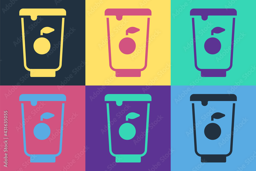 Pop art Yogurt container icon isolated on color background. Yogurt in plastic cup. Vector