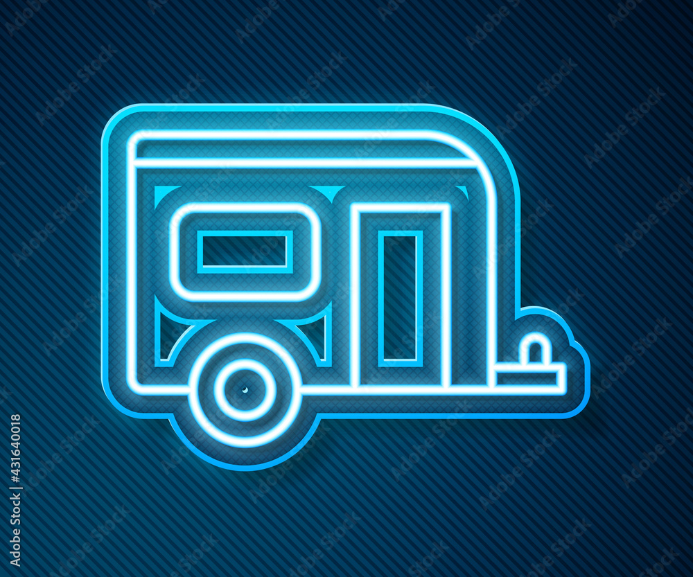 Glowing neon line Rv Camping trailer icon isolated on blue background. Travel mobile home, caravan, 