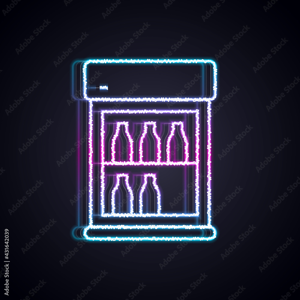 闪闪发光的霓虹灯线商业冰箱，用于存储黑色背景上隔离的饮料图标。Perisha
