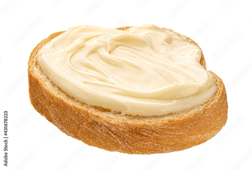 白色背景上分离的奶油奶酪面包片，俯视图