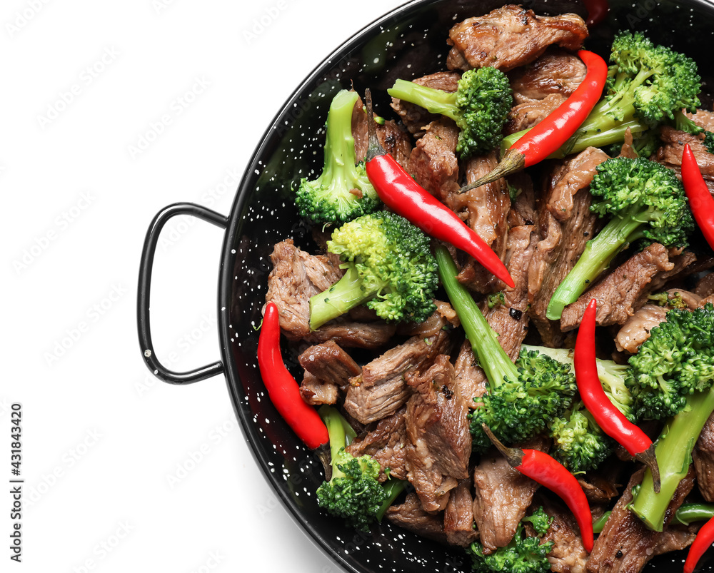 Tasty beef with vegetables on white background, closeup