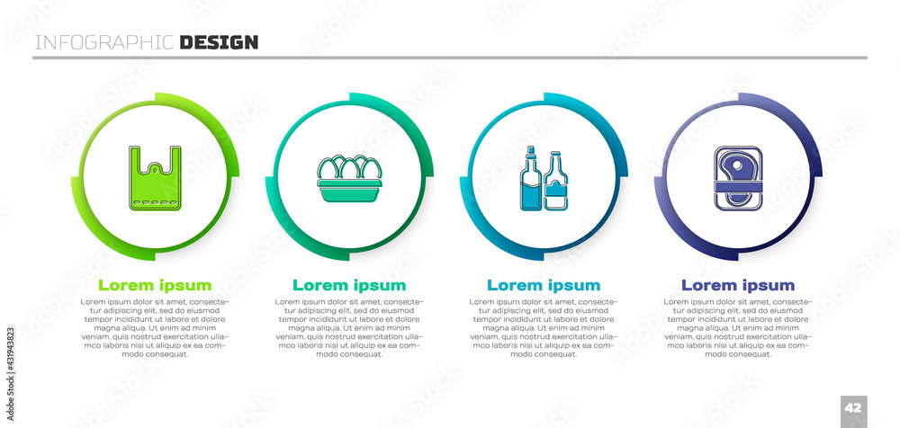 Set Paper shopping bag, Chicken egg box, Whiskey bottle and Meat packaging steak. Business infograph