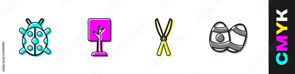 Set Ladybug, Forest, Gardening handmade scissors and Easter egg icon. Vector