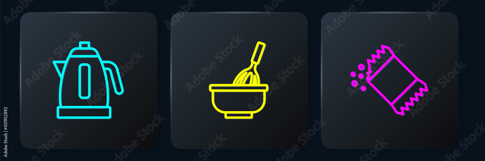 Set line Electric kettle, Packet of pepper and Kitchen whisk with bowl. Black square button. Vector