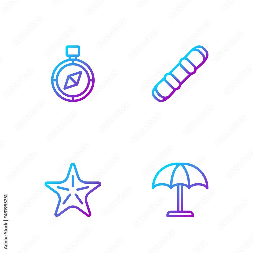 Set line Sun protective umbrella, Starfish, Compass and Snowboard. Gradient color icons. Vector