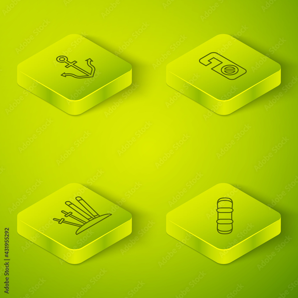 Set Isometric line Please do not disturb, Ski and sticks, Snowboard and Anchor icon. Vector