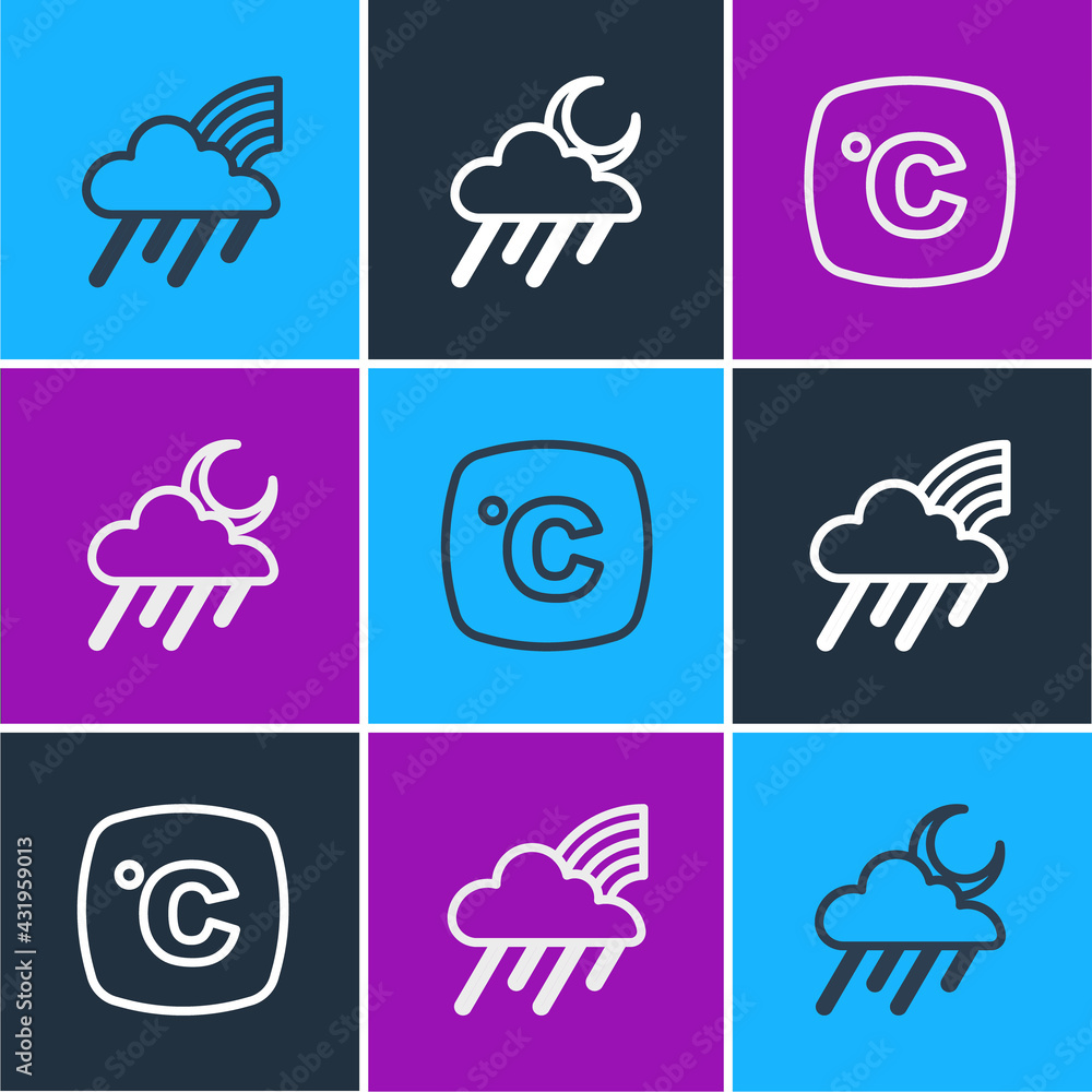 Set line Rainbow with cloud and rain, Celsius and Cloud moon icon. Vector