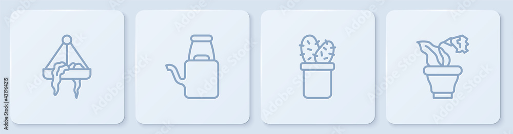 Set line Plant in hanging pot, Cactus peyote, Watering can and Flower. White square button. Vector