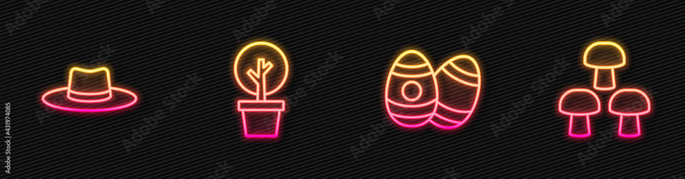 Set line Easter egg, Gardener worker hat, Forest and Mushroom. Glowing neon icon. Vector