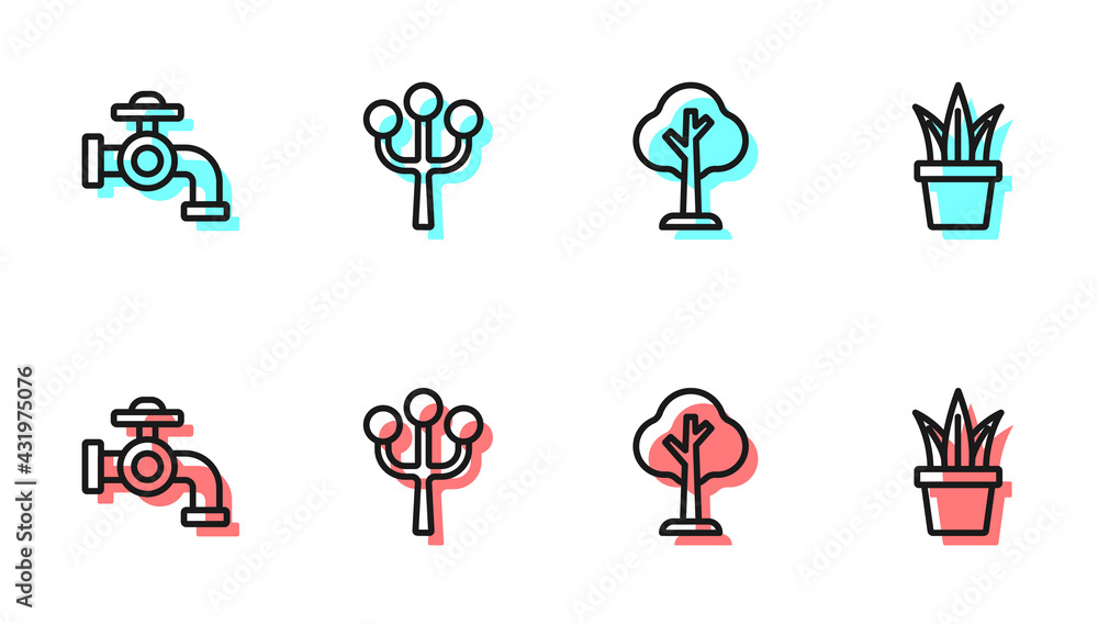 Set line Forest, Water tap, Blossom tree branch and Plant in pot icon. Vector