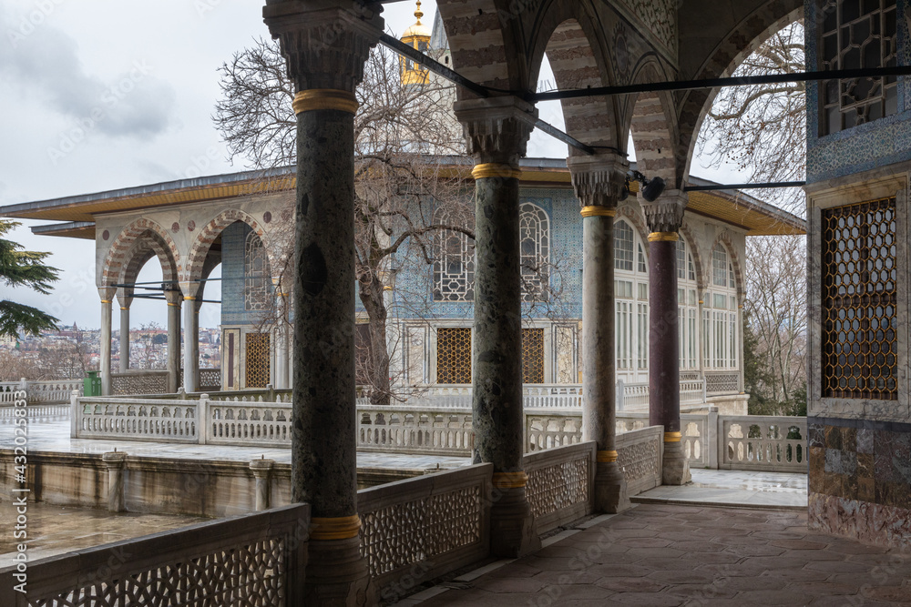 Topkapi Palace Museum is a great palace of Osman Empire made of white and colorful stones and marble