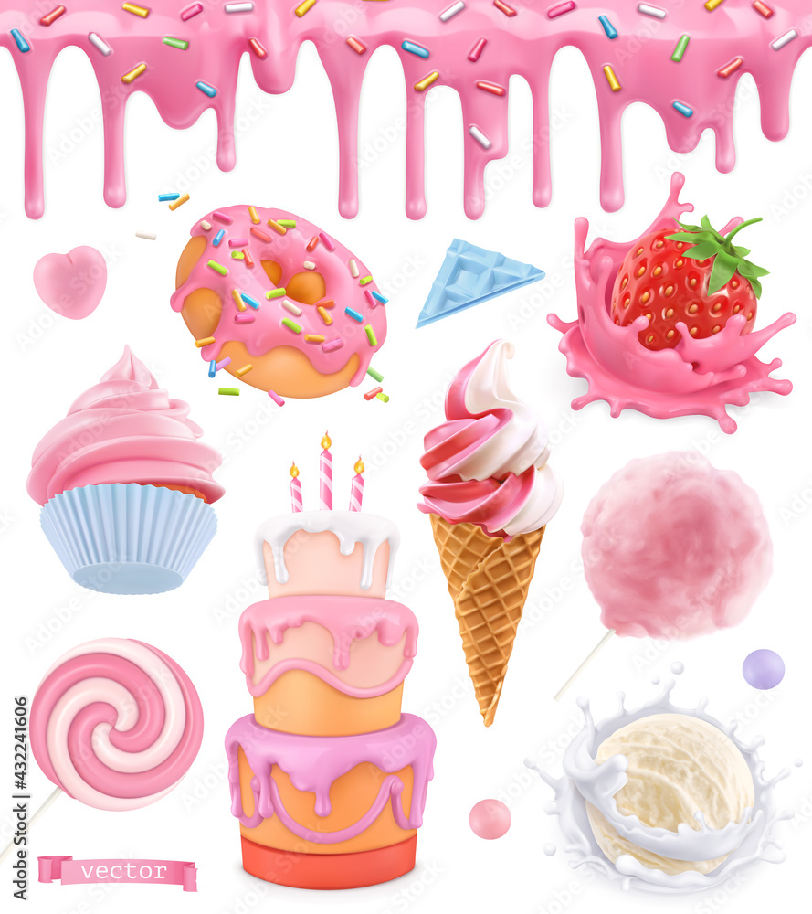 甜食。蛋糕，纸杯蛋糕，棉花糖，冰淇淋，草莓酸奶，甜甜圈。粉釉无缝pa