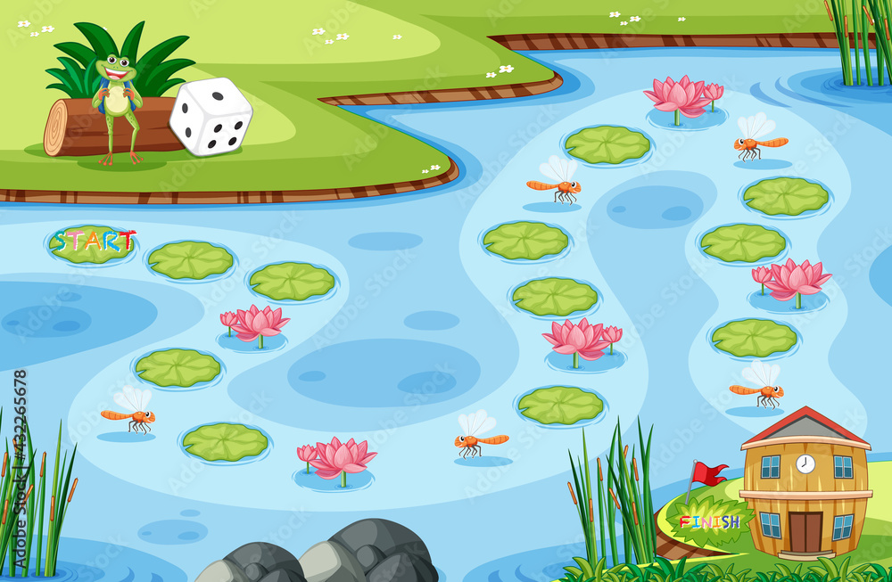 森林背景中沼泽地上有小青蛙和荷叶的游戏模板