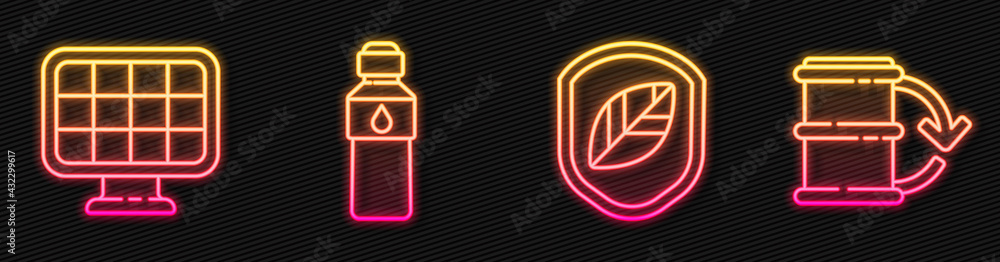 Set line Shield with leaf, Solar energy panel, Bottle of water and Eco fuel barrel. Glowing neon ico