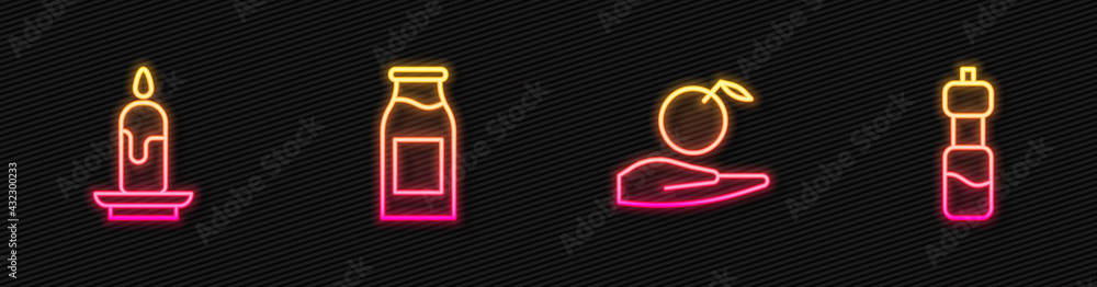 Set line Apple in hand, Burning candle, Bottle with milk and of water. Glowing neon icon. Vector