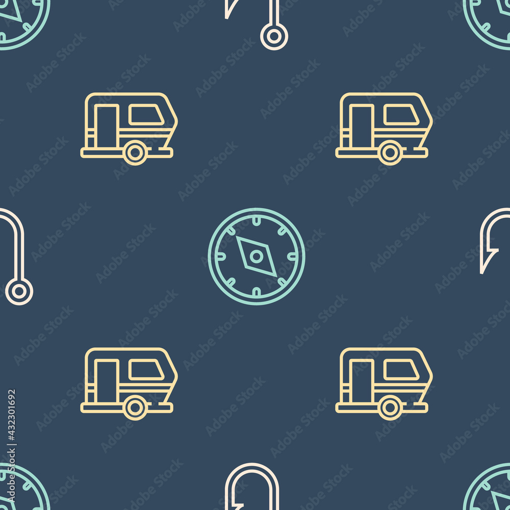 Set line Fishing hook, Rv Camping trailer and Compass on seamless pattern. Vector