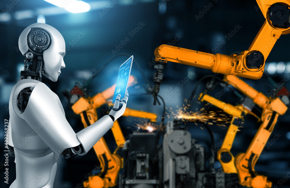 工厂生产中用于组装的机械化工业机器人和机械臂。人工概念