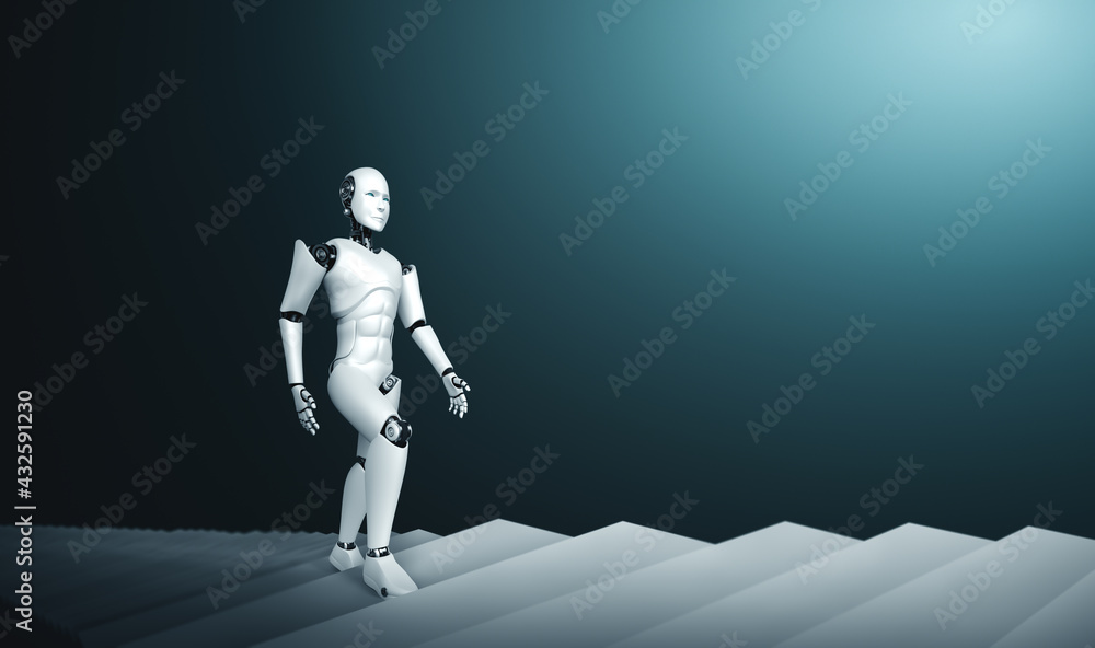 3D渲染机器人类人走上楼梯走向成功和目标实现。人工智能思维的概念b