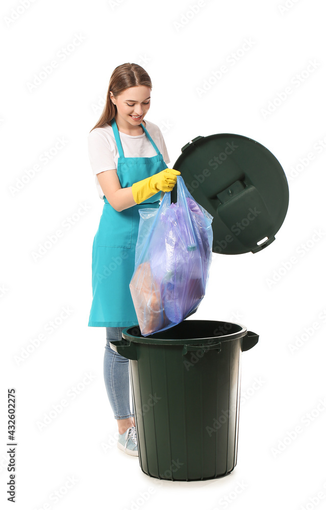 Janitor putting garbage in trash bin on white background
