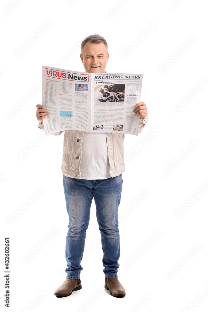 Mature man with newspaper on white background