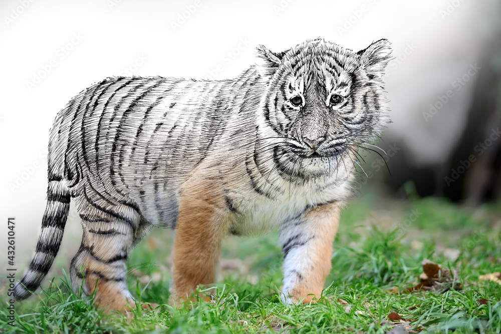 Hand drawing and photography tiger cub combination. Sketch graphics animal mixed with photo