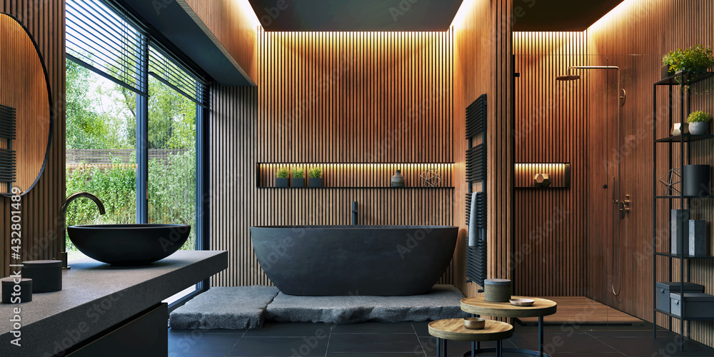 浴室内部设计，带哑光黑色浴缸和现代淋浴