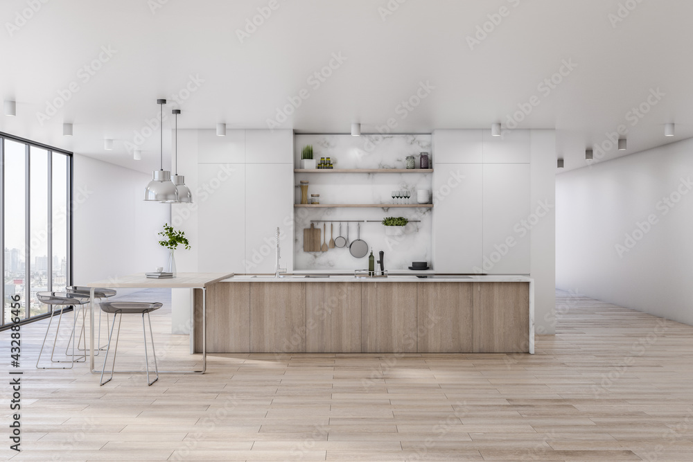 时尚宽敞的厨房木质桌面正视图，大理石装饰墙，镶木地板
