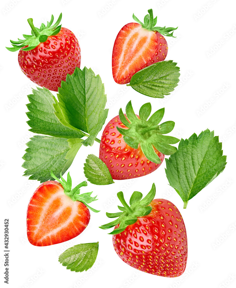 草莓修剪路径。用绿叶成熟整个草莓果实，并将其切片隔离在白色ba上